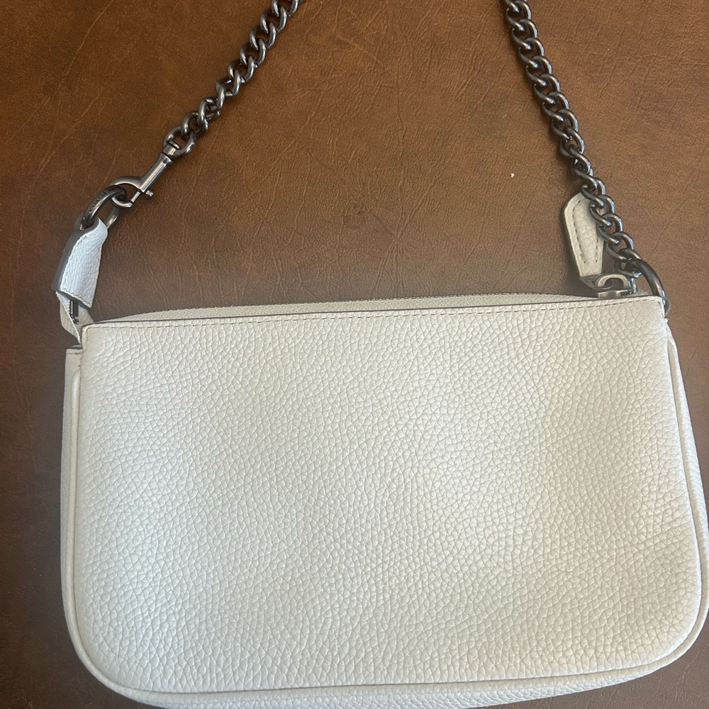 Coach Studded Pebbled Leather Nolita 19 Wristlet Bag Cream/ White  Silver Chain - Picture 7 of 10